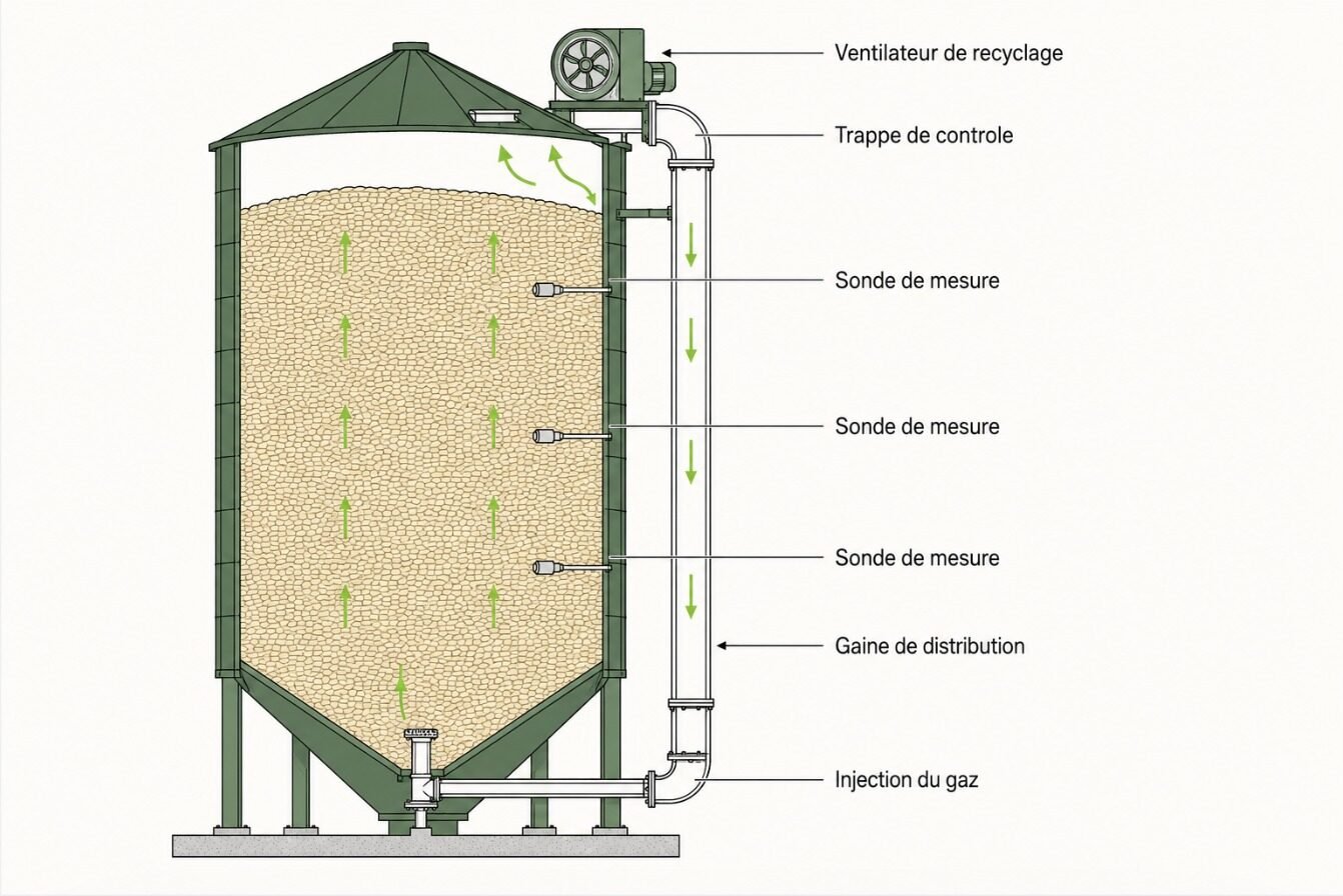 Schéma technique du principe de recyclage de gaz dans une cellule de grande hauteur : ventilateur en partie haute, trois sondes de mesure, gaine de distribution, injection du gaz en base